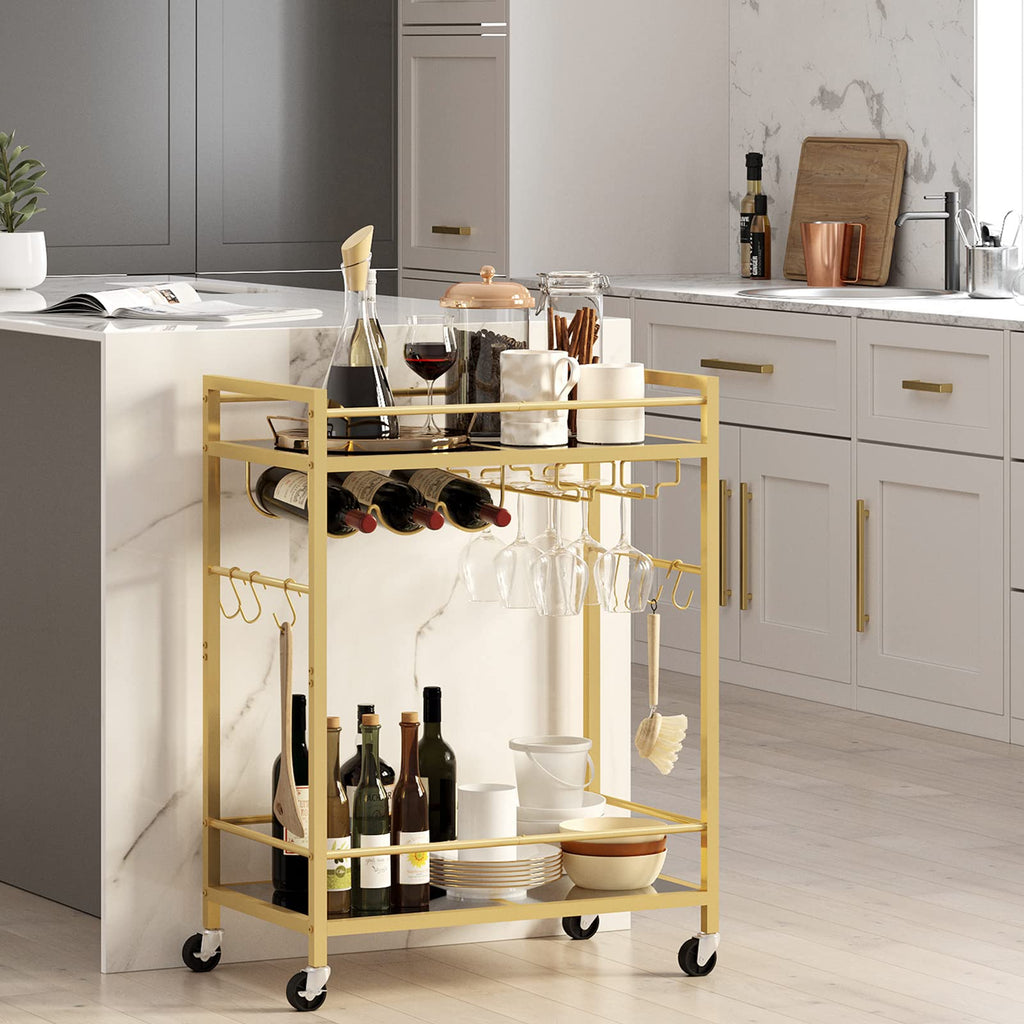 Gold Bar Cart with 2 Mirrored Shelves, Wine Rack & Glass Holder