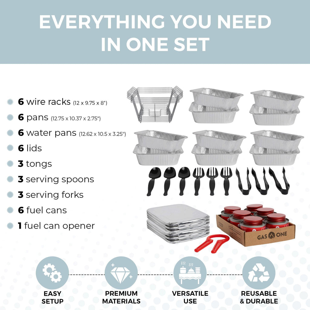 6 Pack - Disposable Chafing Dish Buffet Set, Half Size Pans, Welded Body Food Warmers for Parties, Fuel Cans Complete