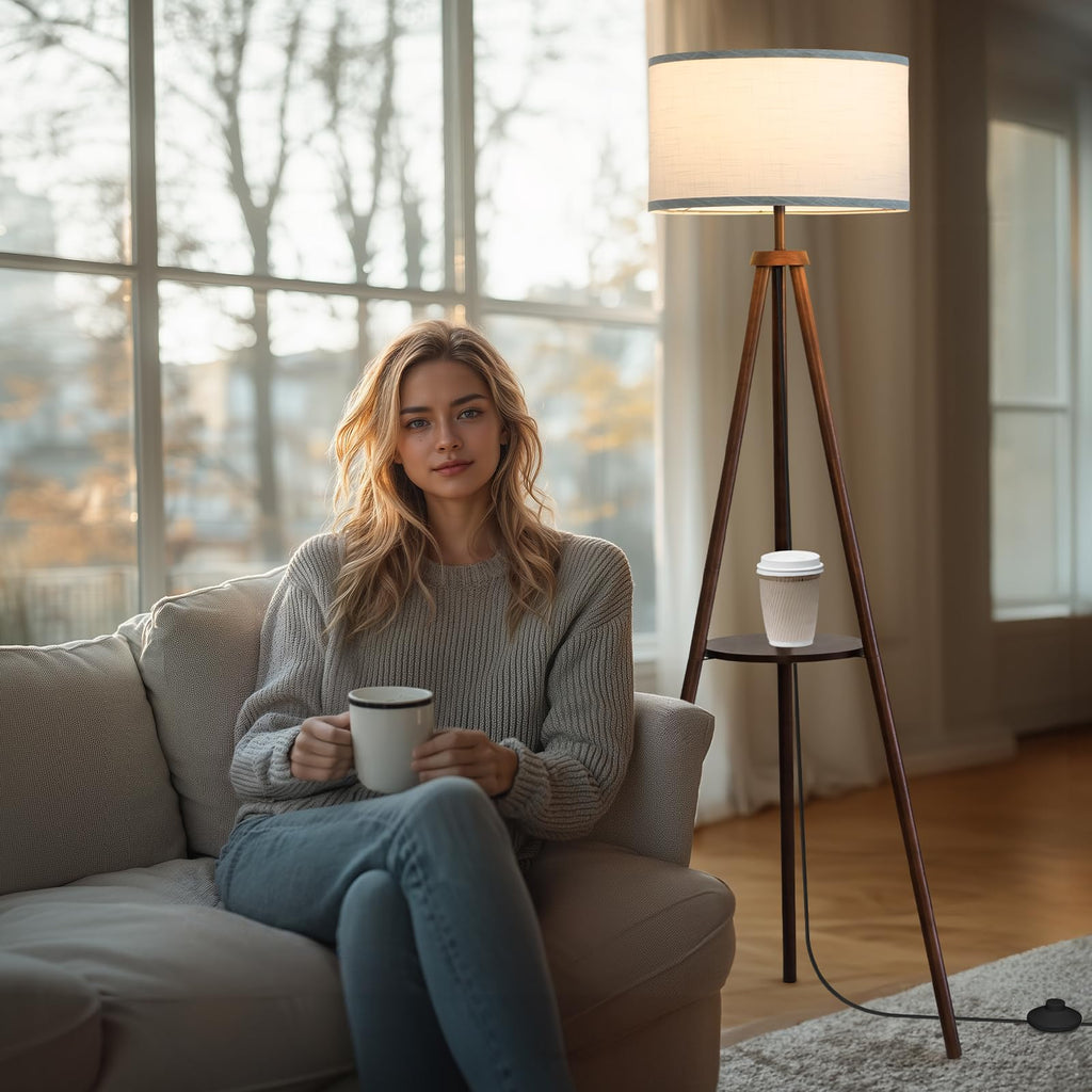 Floor Lamp with 3 Light Modes Adjustable- Wood Tripod Floor Lamp Modern LED Standing Lamps with Dimmable Brightness