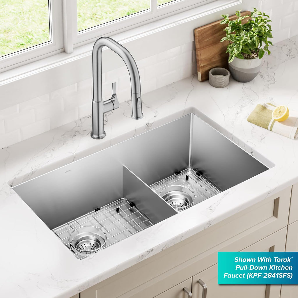 Kitchen Sinks Undermount - 32 Inch Stainless Steel Kitchen Sink, 60/40 Double Bowl, 16 Gauge, Model KHU103-32