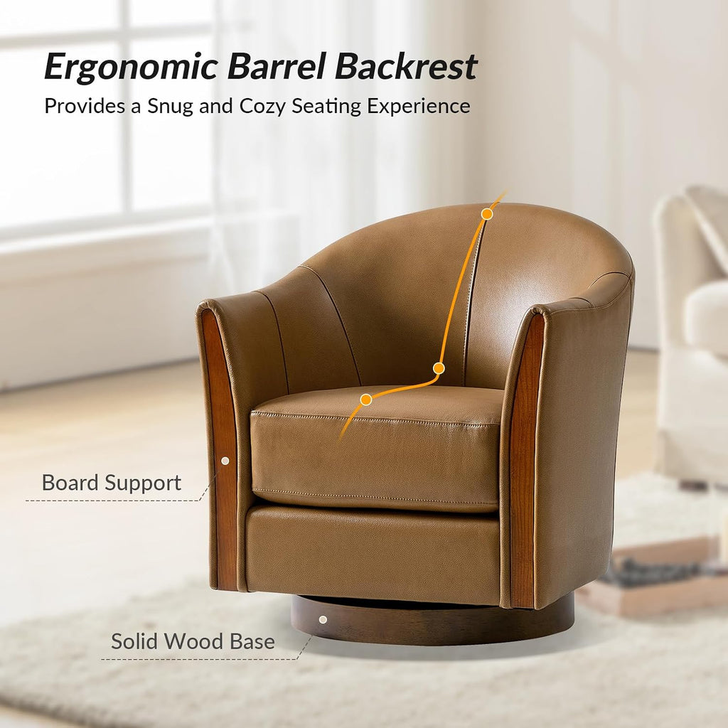Genuine Leather Swivel Accent Chair with Wood Base, Camel