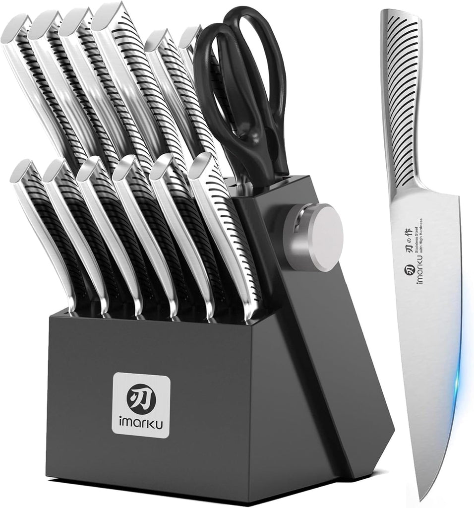 14 Pcs High-Carbon Stainless Steel Kitchen Knife Set Black | 56±2 HRC Hardness | Build-in Sharpener | Full Tang