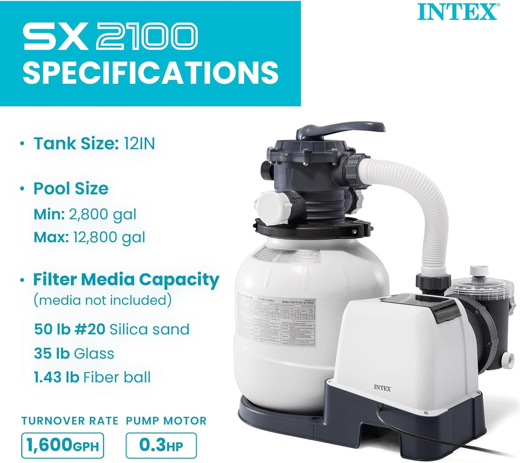 Krystal Clear 2,100 GPH Sand Filter Pump for Above Ground Pools | 26645EG - 12" Tank for Swimming Pools: 2,800 to