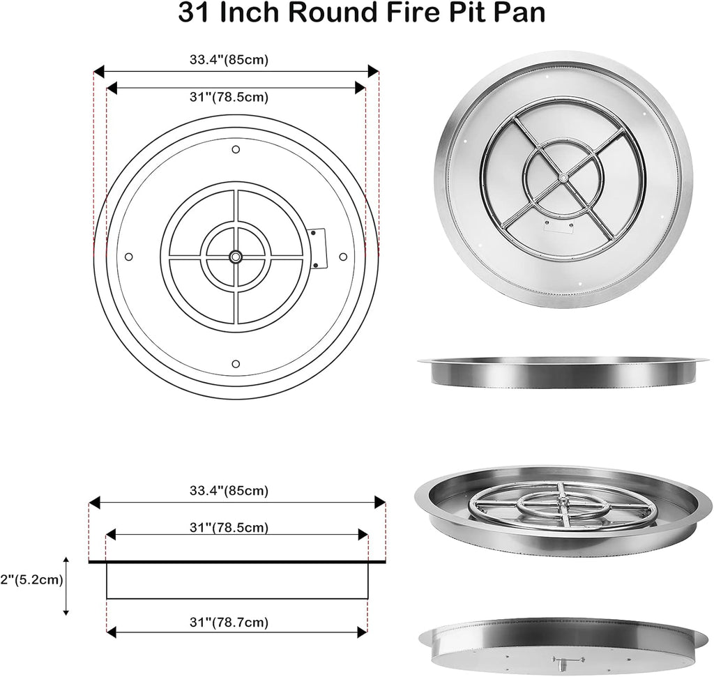 31 Inch Drop-in Round Fire Pit with Spark Ignition Kit, Gas Firepit Insert for DIY Project