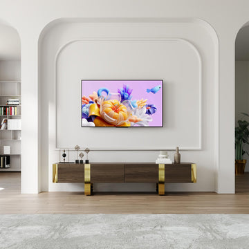 Walnut and Gold TV Stand, 79" TV Entertainment Center with 2 Hidden Storage Drawers and Cabinets, Media Console with