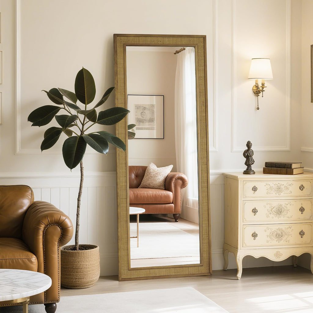 Rattan Wall Mirror Rectangle, 24 X 60 inch Rattan Mirror with Wooden Framed for Wall Decor Bathroom, Living Room
