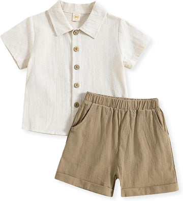 Toddler Baby Boys 2 Pieces Cotton Linen Set Short Sleeve Button Down Shirt and Shorts Set Spring Summer Outfits