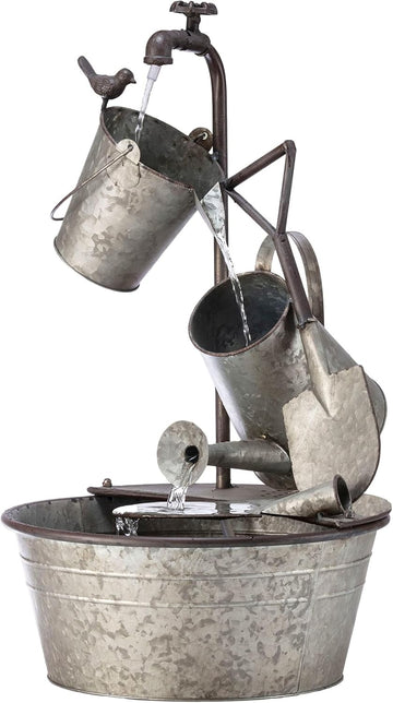 Outdoor Floor 3-Tiered Metal Garden Tools Water Fountain, Tools and Faucet Waterfall, 28", Gray