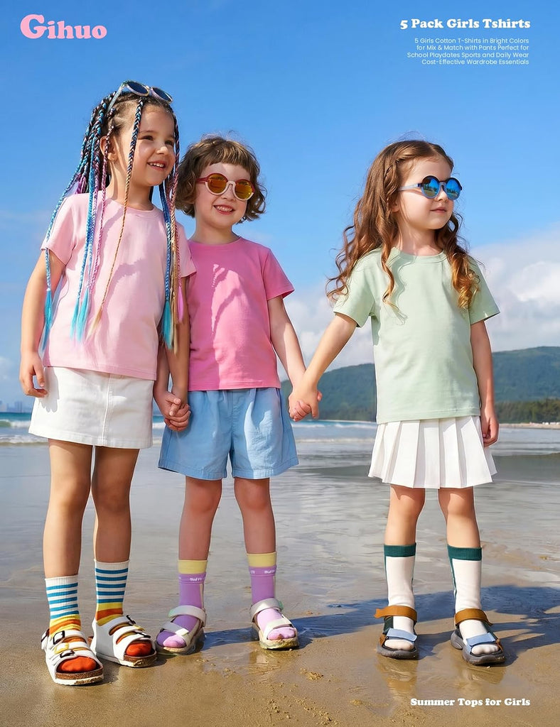 5 Pack Girls T-Shirts Short Sleeve Shirt for Girls Cotton Tees Kids Tshirts Clothes Summer Tops