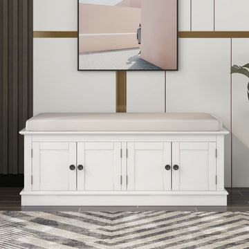 42.7" Shoe Bench with Padded Seat Cushion, 2-Tier Entryway Bench with 4 White Doors and Adjustable Shelves, Shoe