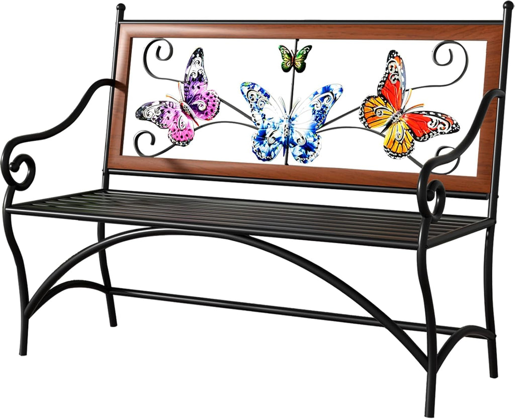 39.7" Outdoor Bench, Garden Bench, Patio Bench with Armrest, Slatted Seat and Butterfly Pattern Backrest for Outside
