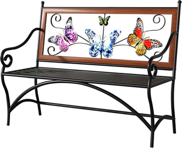 39.7" Outdoor Bench, Garden Bench, Patio Bench with Armrest, Slatted Seat and Butterfly Pattern Backrest for Outside