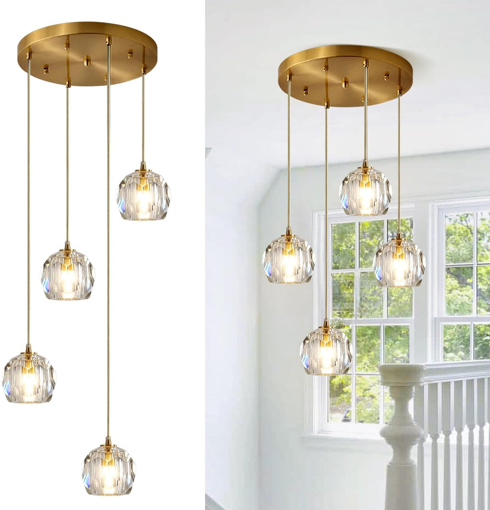 Gold Crystal Pendant Light Mid Century Modern 4-Lights Cluster Pendant Lighting Anti Brass Adjustable Hanging Ceiling Light Vintage Round Kitchen Island Chandelier Light Fixture A116-B0CFF3QJ62