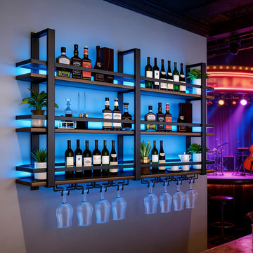 Wine Rack Wall Mounted with LED Lights, 3 Tier Metal Liquor Floating Display Shelves, with Wine Glass Rack, Iron &
