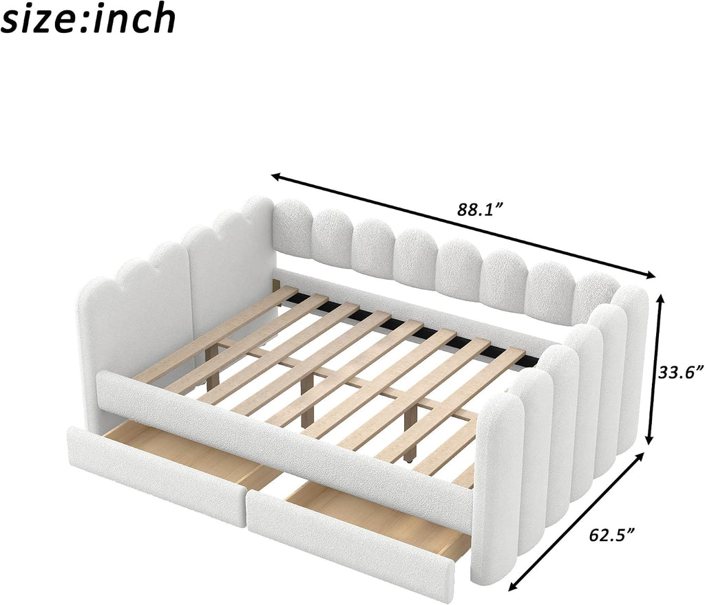 Queen Size Lambswool Upholstered Daybed with 2 Storage Drawers, Modern White Soft Daybed Frame, Curved Ribbed Panel
