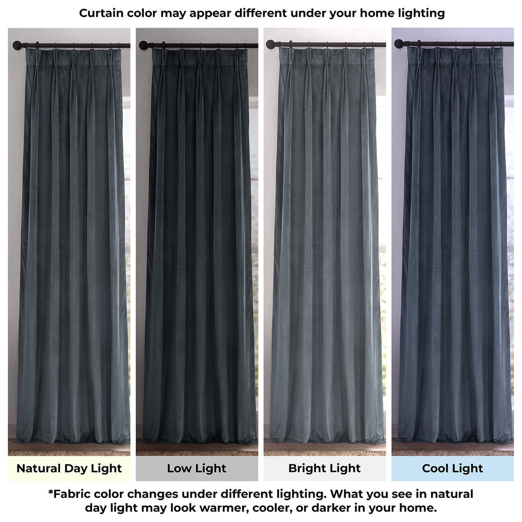 Velvet Pleated Blackout Curtains (1 Panel), 25W x 108L, Distance Blue Grey