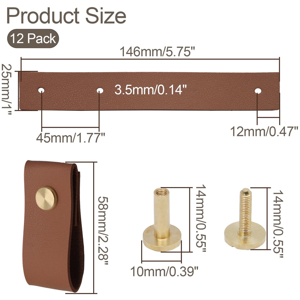 Brown Leather Drawer Pulls, 12 Pack, Single Hole Knobs