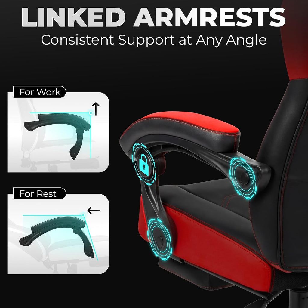 Big & Tall Gaming Chair with Footrest, Lumbar Support, Red | Ergonomic High-Back Chair for Adults, Padded Wide Seat