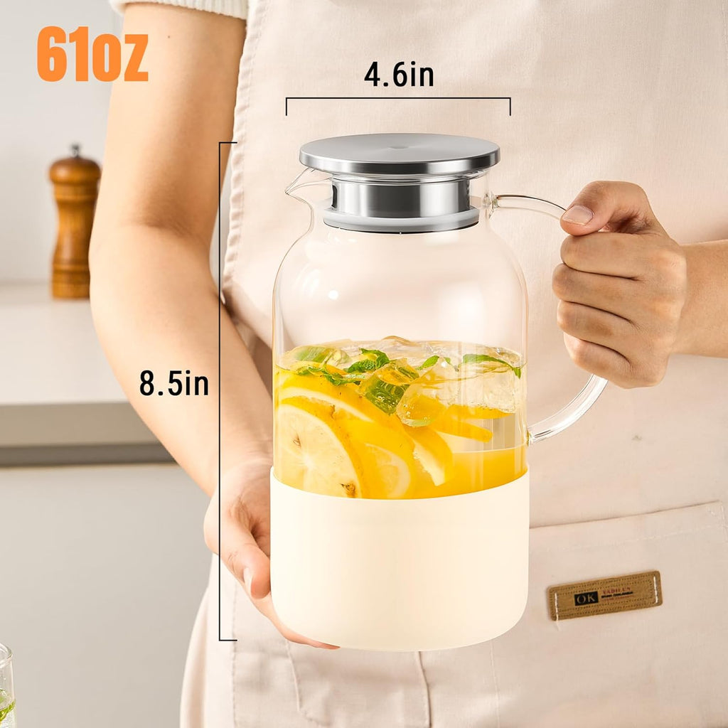 Water Jug Water Pitcher with Silicone Base 61oz/ 1.8L, Hot& Cold Glass Pitcher with Lid and Handle, Glass Carafe with