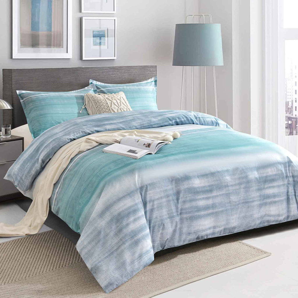 Blue Grey Striped Duvet Cover - Teal and Gray Stripe Printed Pattern Reversible Microfiber Comforter Cover