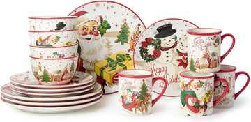 Santa's Retro Christmas 16 pc Dinnerware Set, Service for Holiday Plates, Bowls & Mugs with Vintage Santa