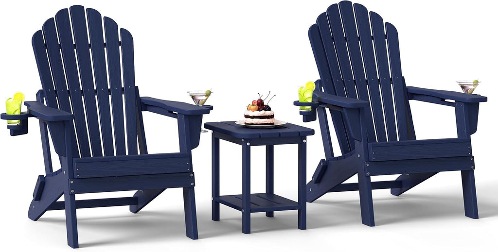 HDPE Folding Adirondack Chairs Set of 2 with Table, Navy | 3-Piece HDPE Patio Furniture Set, All Weather Fire Pit