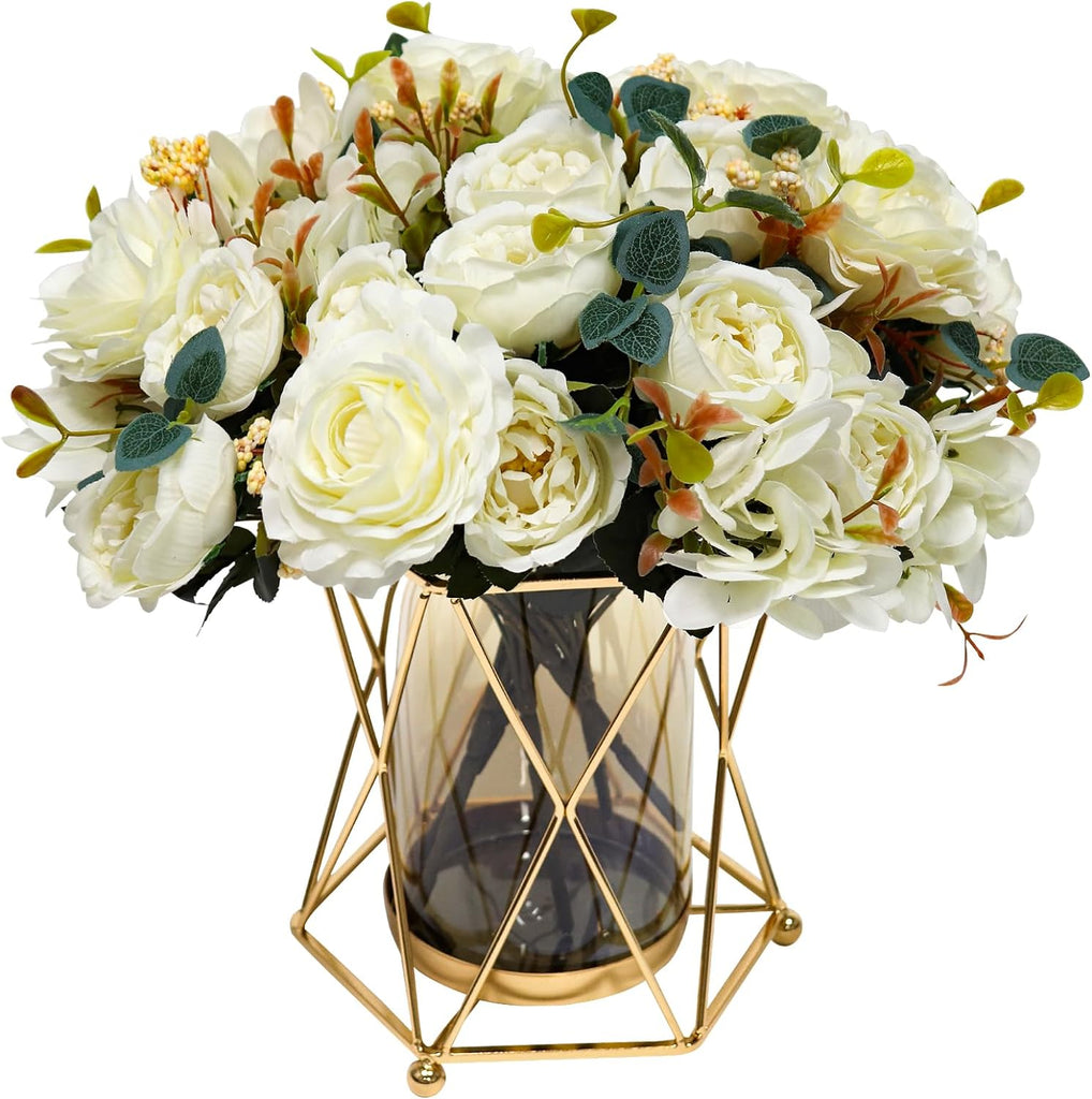Faux Flowers with Vase, Silk Peony Bouquet Artificial Flowers in Vase, Fake Flowers Floral Arrangement Decor Indoor