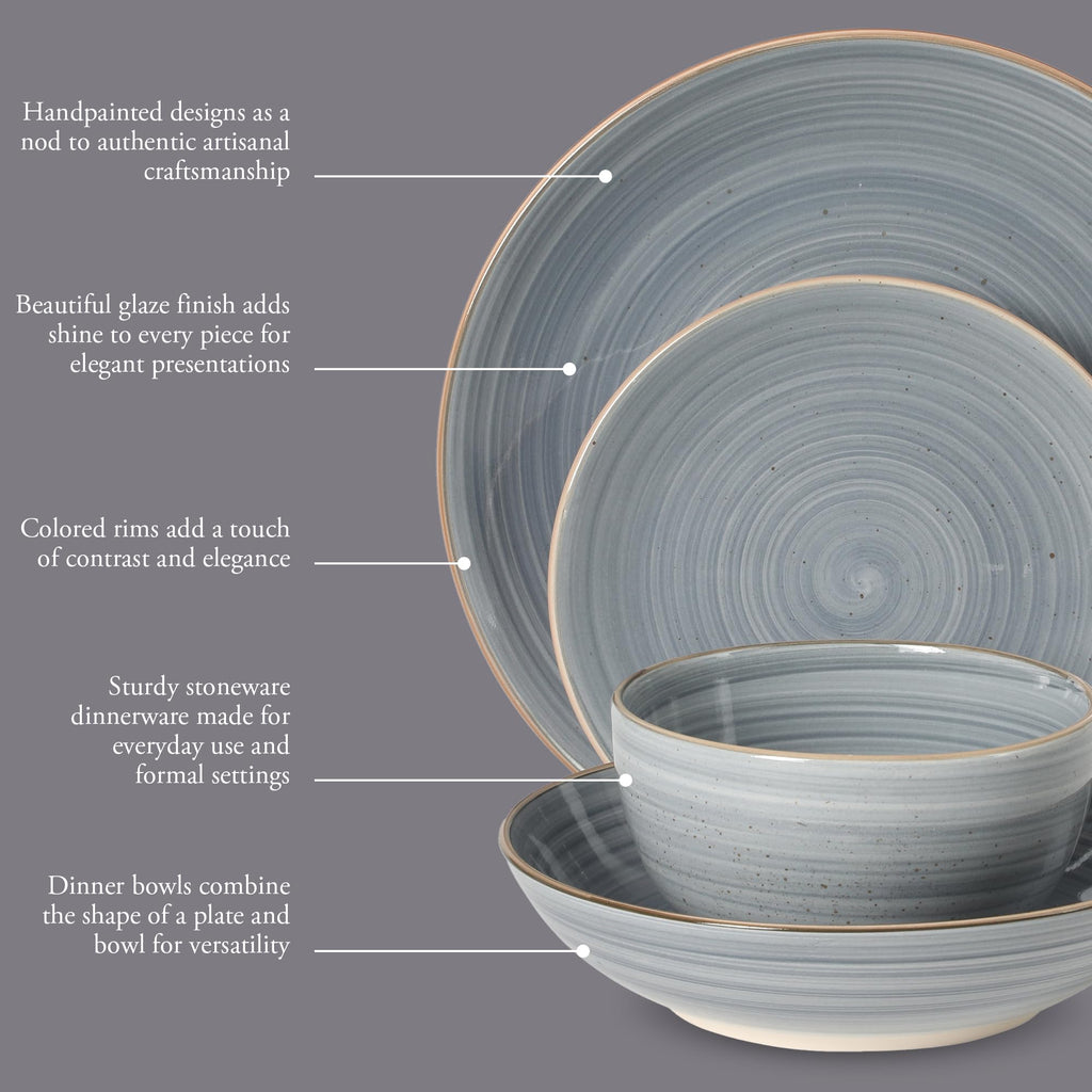 Stonebury 16 Piece Plates and Bowls Assorted Color Dishes - Handpainted Stoneware Dinnerware Set - Service for 4