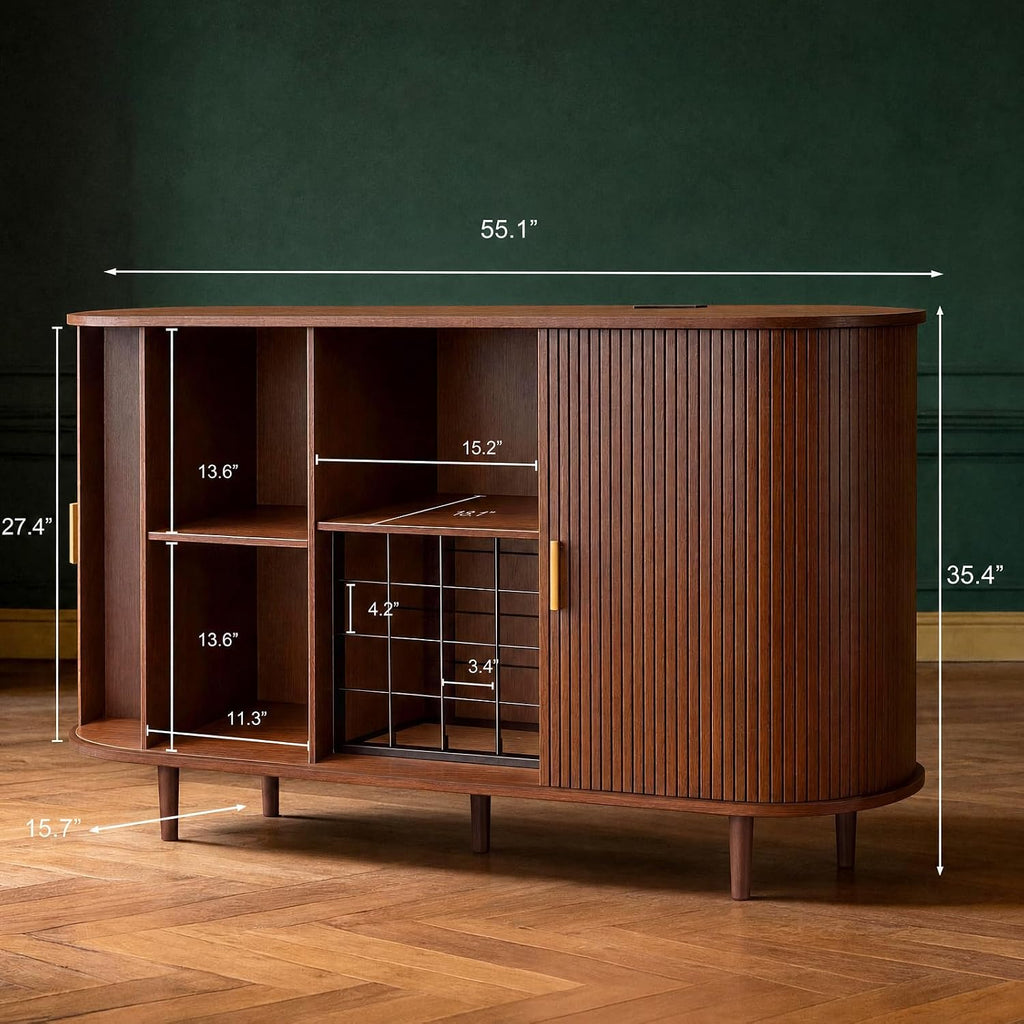55" Wine Bar Cabinet with Storage, Fluted Liquor & Coffee Bar Cabinet with Wine Rack and Glass Holder, Buffet