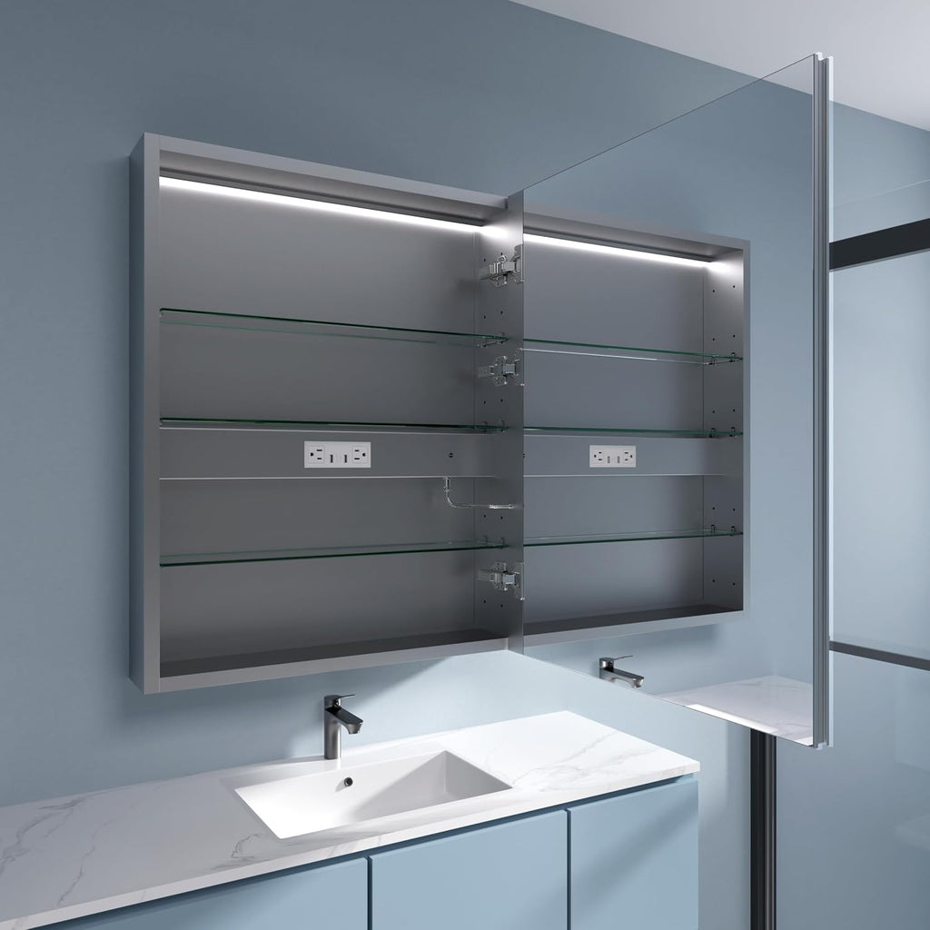 LED Medicine Cabinet 24x30 Anti-Fog Mirror Dimmable Recessed Mount | 3 Color Dimmable LED. Time Temp Display.