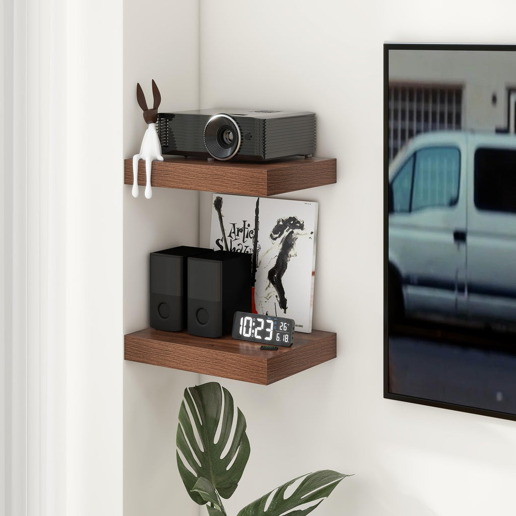 12 Inch Deep Floating Shelves, 16 Inch Walnut Wall Shelves Set of 2