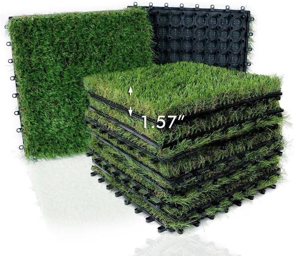 Outdoor Artificial Grass Tiles Interlocking Turf Squares 9 Pack, 12"x12" Fake Grass Mat for Balcony Patio Deck Flooring