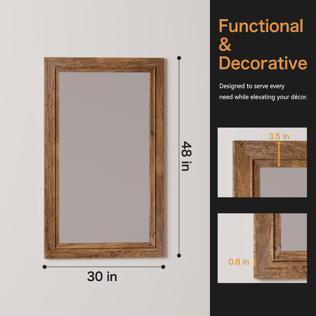 Rustic Wall-Mounted Vanity Mirror, Solid Wood Frame Bathroom Mirror, Farmhouse Style, Horizontal/Vertical Hanging