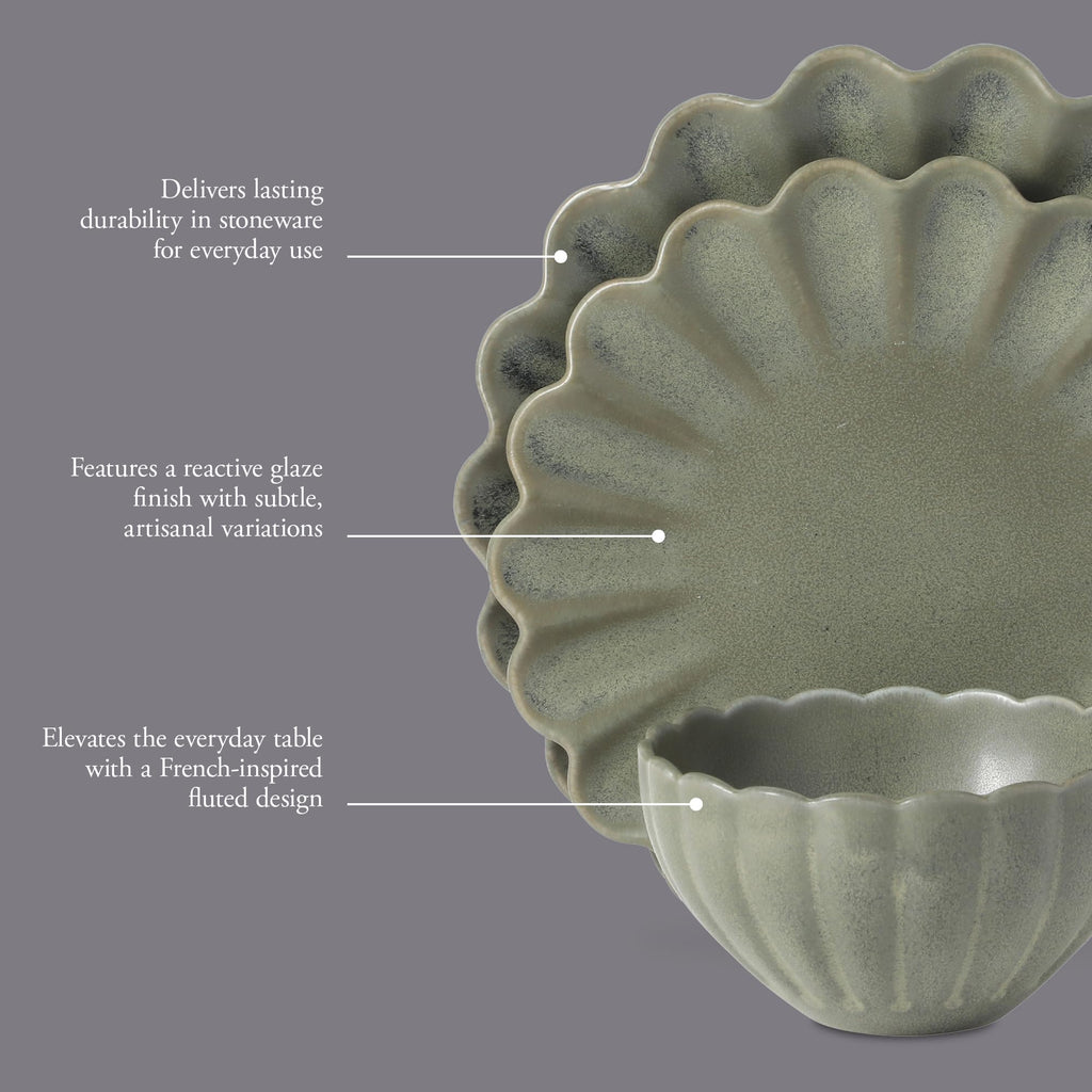 Bistro Fleur Plates and Bowls Sets, 12-Piece Stoneware Dinnerware Set for 4, Matte Green Scalloped Dish Set