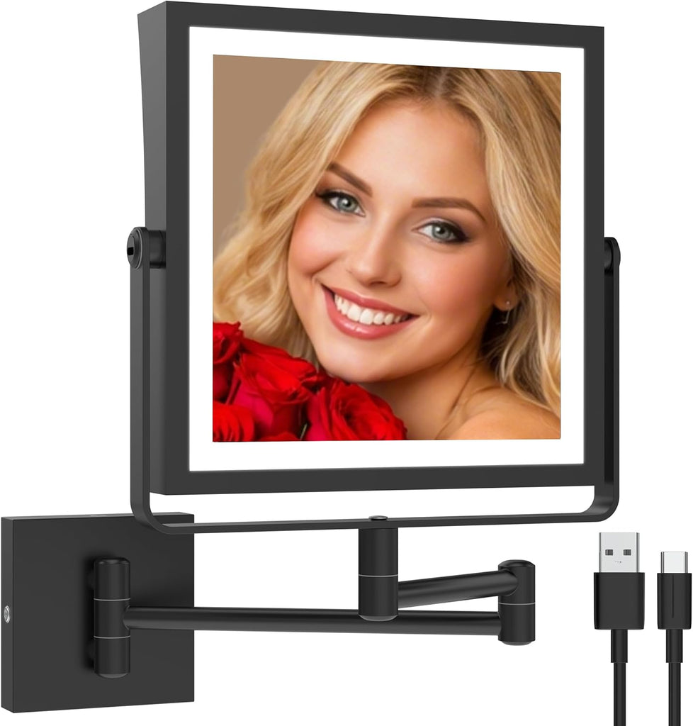 Rechargeable Wall Mounted Makeup Mirror with Lights, Double Sided 1X/10X Magnifying Vanity Mirror with 3 Color