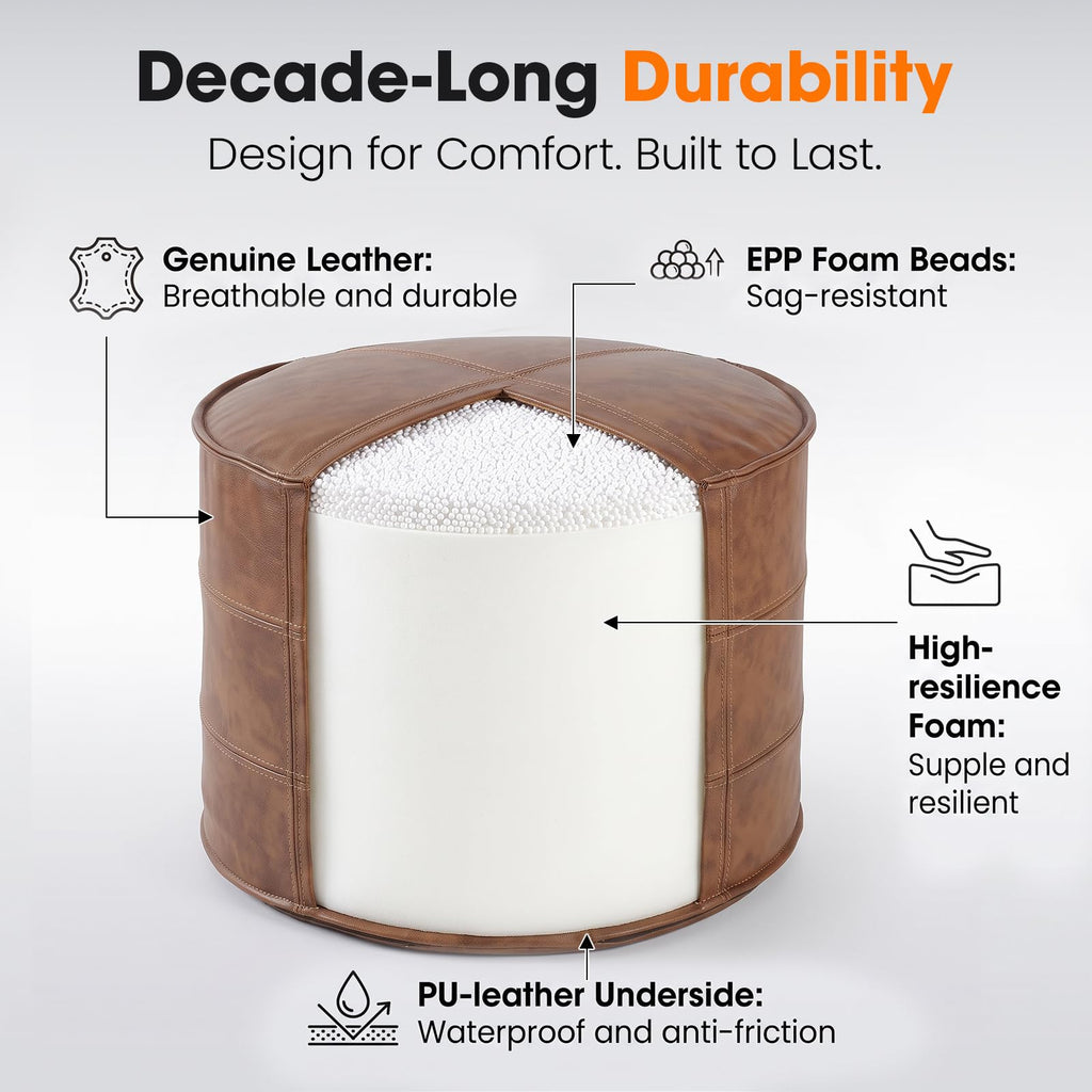 Leather Round Ottoman, Pouf (Brown, Round)