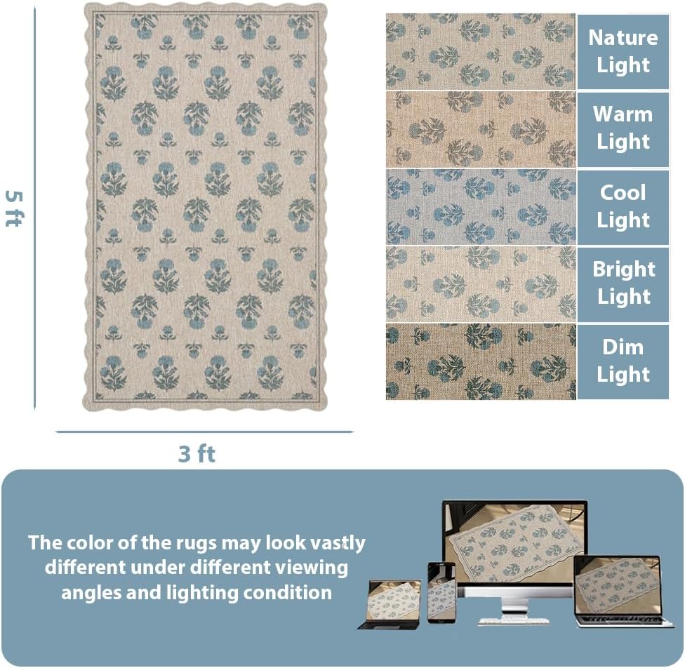Scalloped Easy Jute 3x5 Area Rug Vintage Blue Floral Farmhouse Washable Rug Non-Slip Indoor Outdoor 