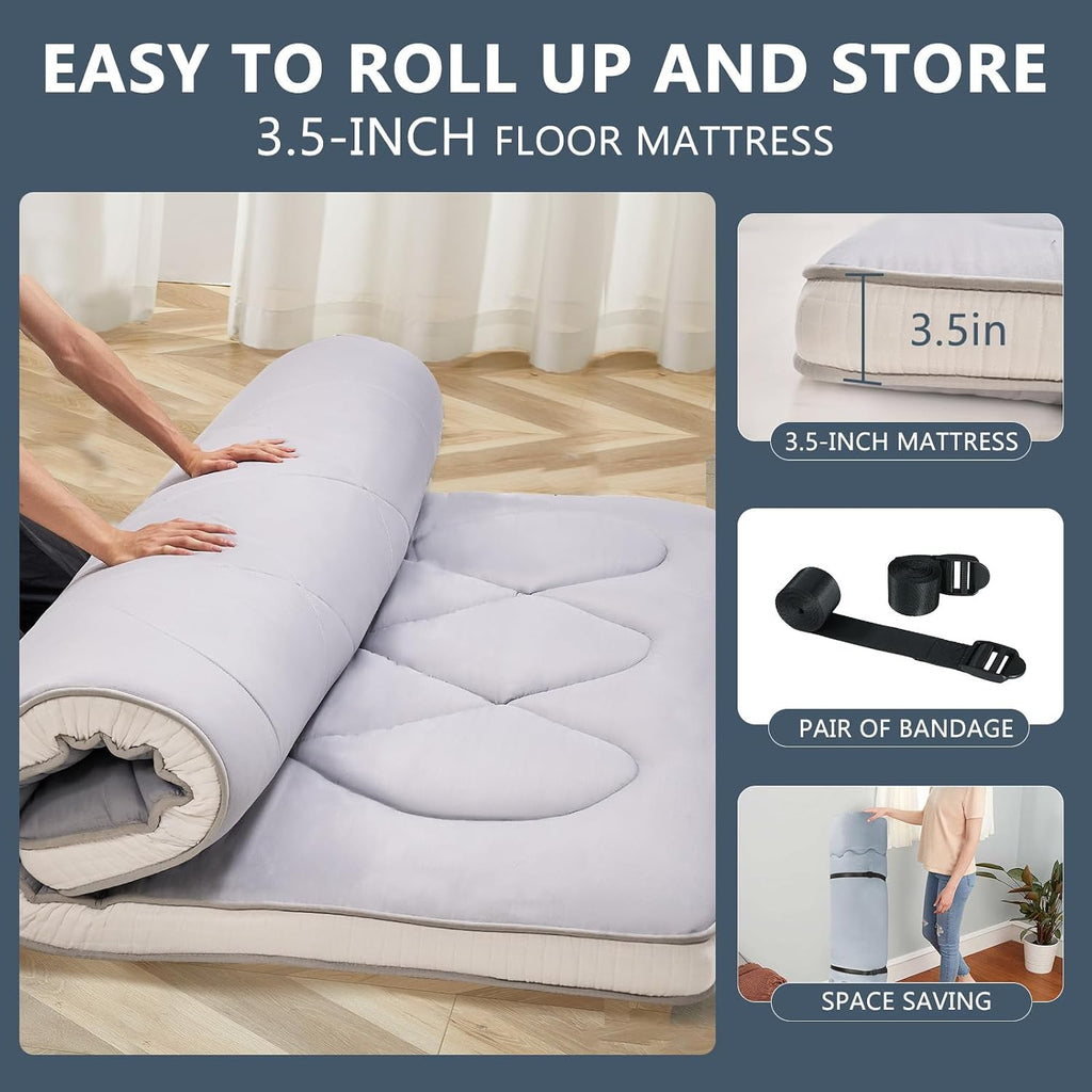 Japanese Futon Floor Mattress - Foldable Tatami Mat, Portable Dormitory Sleeping Pad, Fold-Up Floor Lounger Bed for