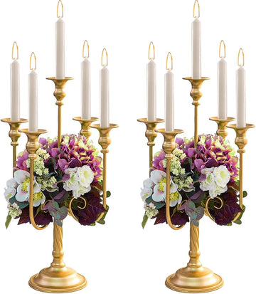 Metal Candelabra Gold Candle Stand 20in Tall, 5-Candle Candlestick Holder for Taper Candles, Candle Holder Party