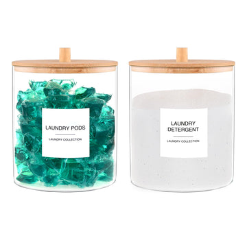 Glass Jars for Laundry Room Organization, Laundry Pods Container with 27 Labels, Detergent Holder with Bamboo Lid