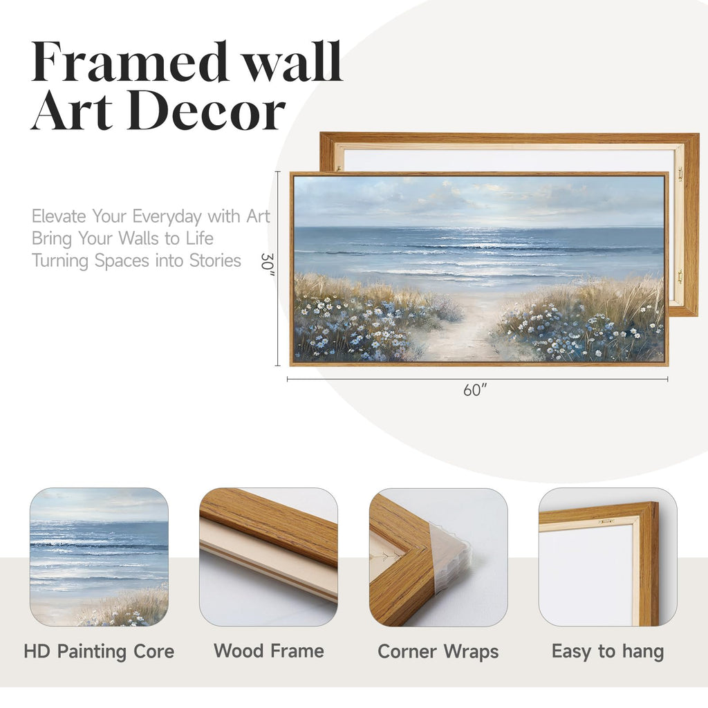 Extra Large Framed Coastal Landscape Wall Art, 60x30 Inch