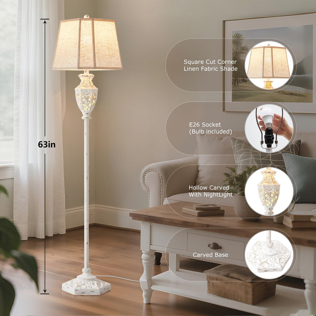 Rustic Floor Lamp - Resin Carved Base with Hollow Night Light