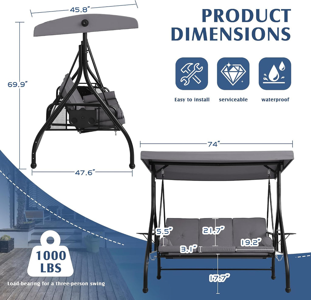 Outdoor Porch Swing with Canopy and Stand, 3 Person Patio Swing for Adults, Convertible 2 in 1 Porch Bed Swing with