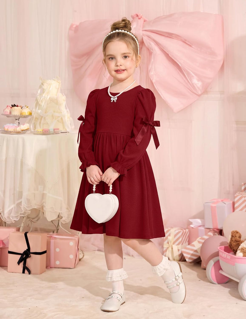 Toddler Girls Puff Long Sleeve Bowknot Fall Winter Party Dress