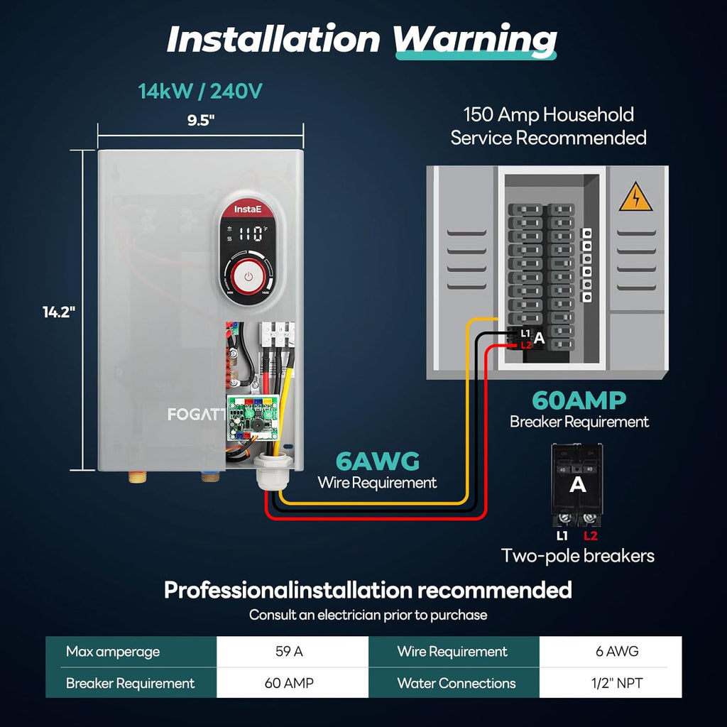 14kW Tankless Water Heater Electric, 240 Volt On Demand Instant Hot Water Heater, ETL Certified