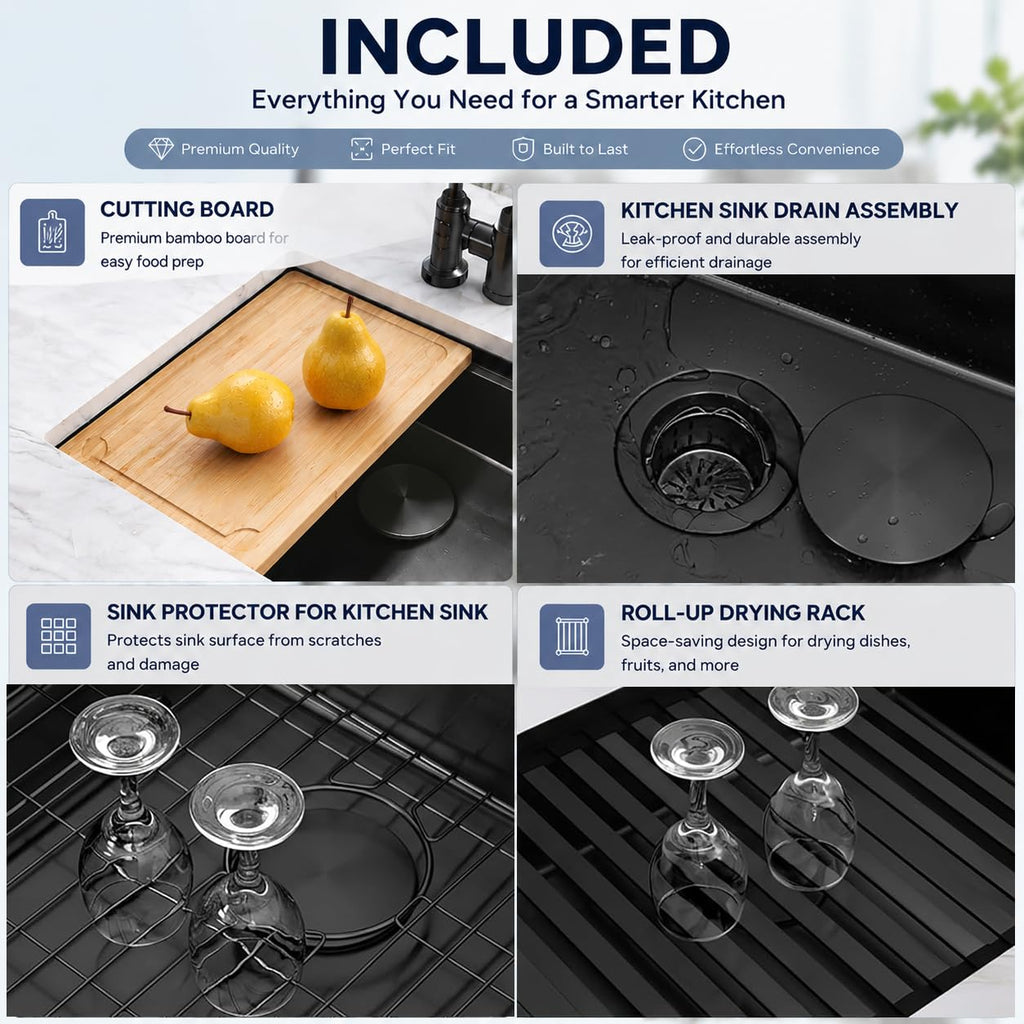 23 Inch Black Undermount, 16 Gauge Workstation Sink
