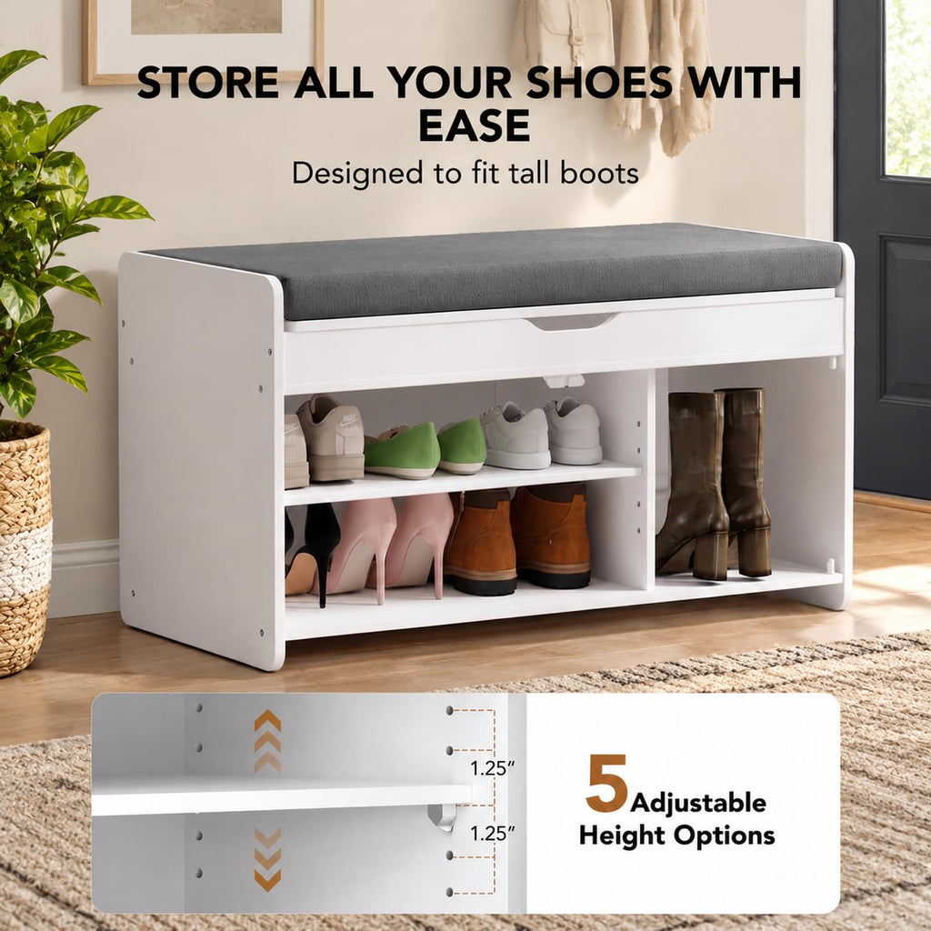 Shoe Storage Bench with Seating, Farmhouse Entryway Bench, Cream