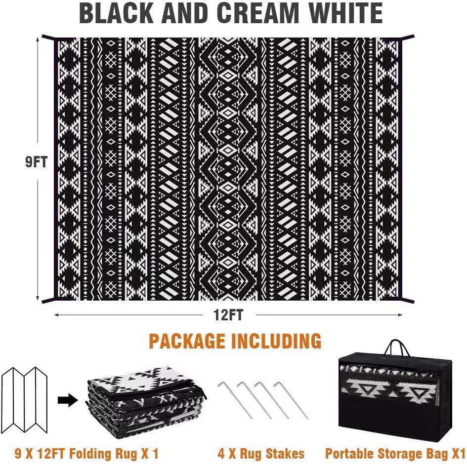 Outdoor Rugs 9'x12' s Clearance Waterproof Black&White 02#