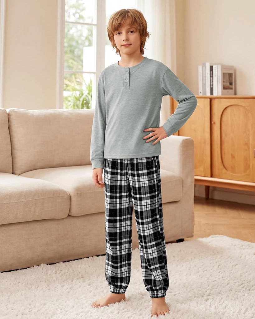 Boys Pajamas Plaid Pants Long Sleeve Henley 2 Piece Set Kids Sleepwear PJs Soft Loungewear for Boys