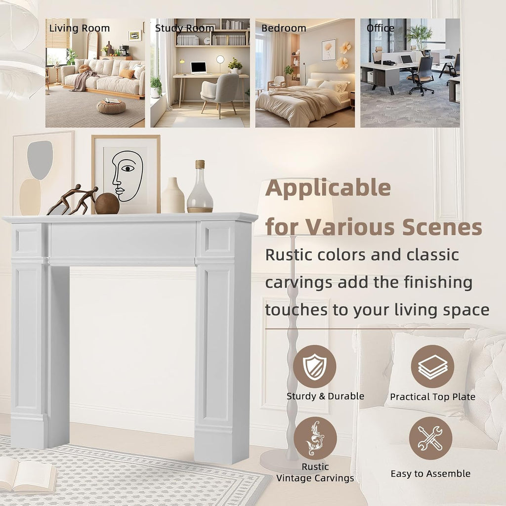 Modern Surround, White Freestanding Surround Mantel for Electric Fireplaces, Premium MDF Wooden Mantel with Leg for